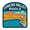Concho Valley Pools logo showing a pool cleaner skimming a backyard pool with West Texas mountains in the background.